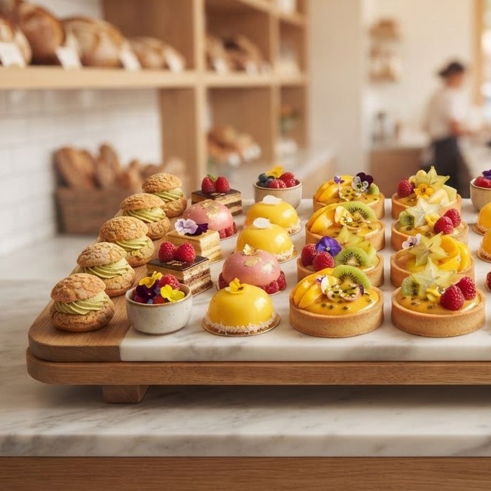 Bandeja de postres miniatura con frutas y flores comestibles