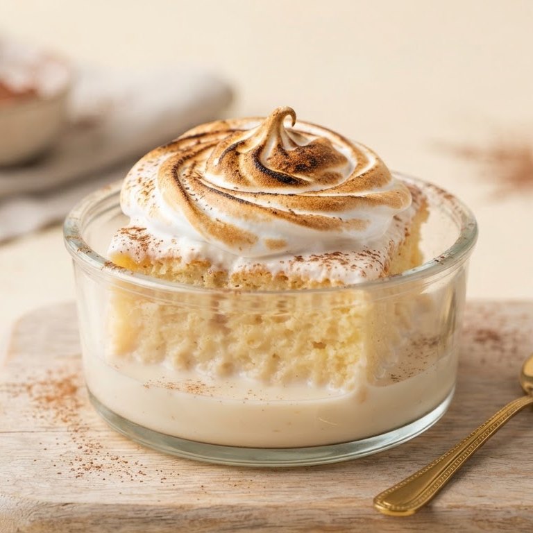 Tres leches en un recipiente de cristal con suspiro tostado y canela